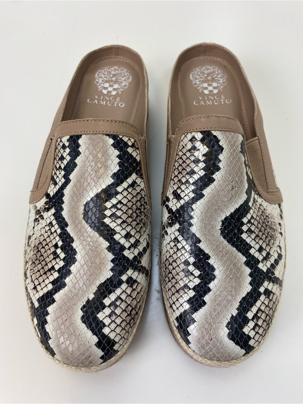 Vince Camuto Taupe and Black Snake-Print Platform Mules
